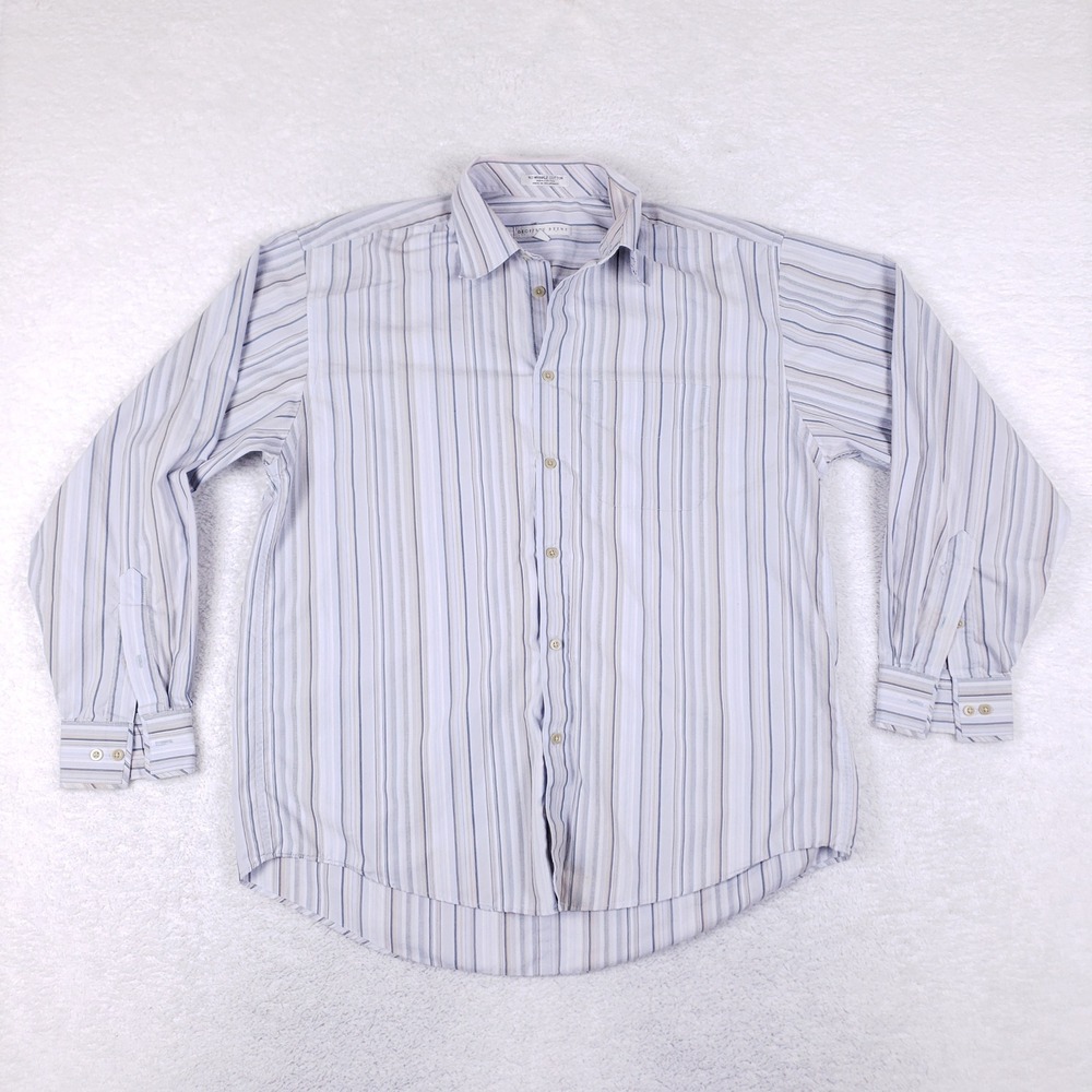 Geoffrey Beene Mens Large Blue‎ Tan Striped No Wrinkle Cotton Button Down Shirt